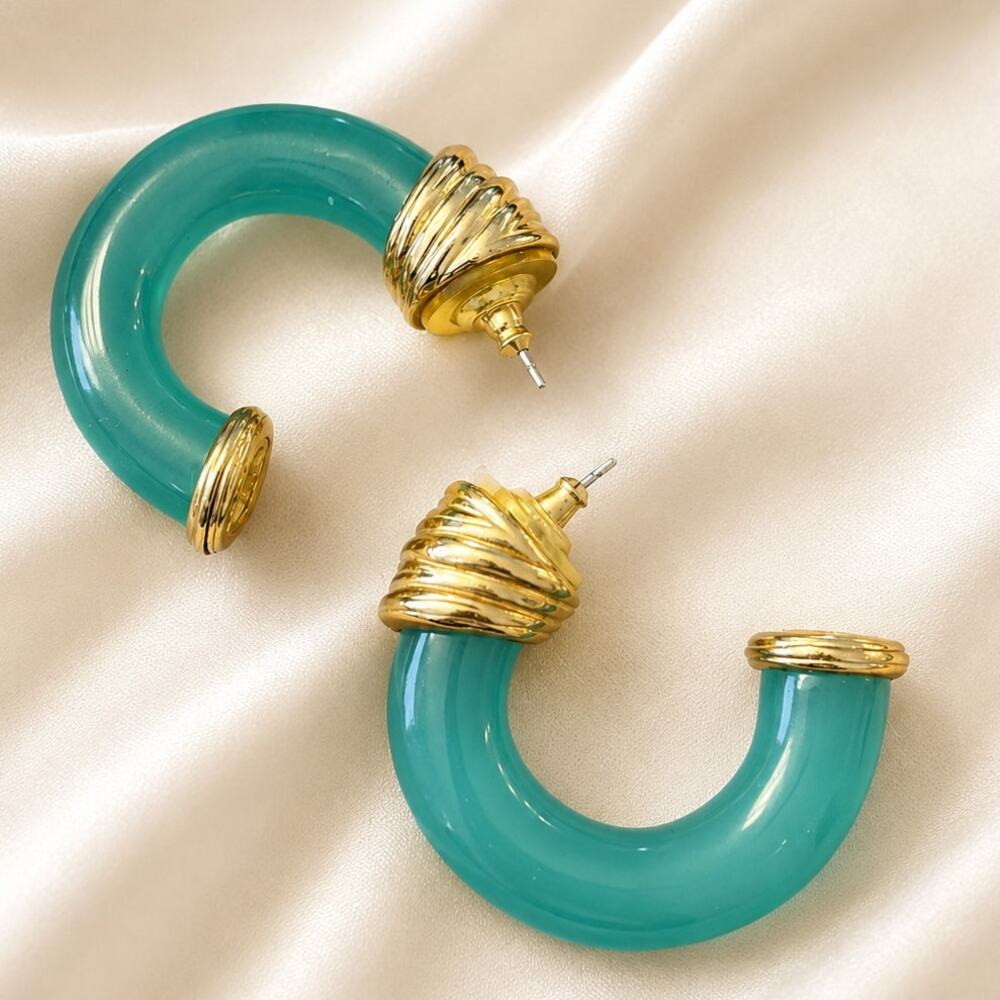 Vintage 1980s Givenchy 4G Logo Lucite Tube Hoop Earrings Jade Green Statement